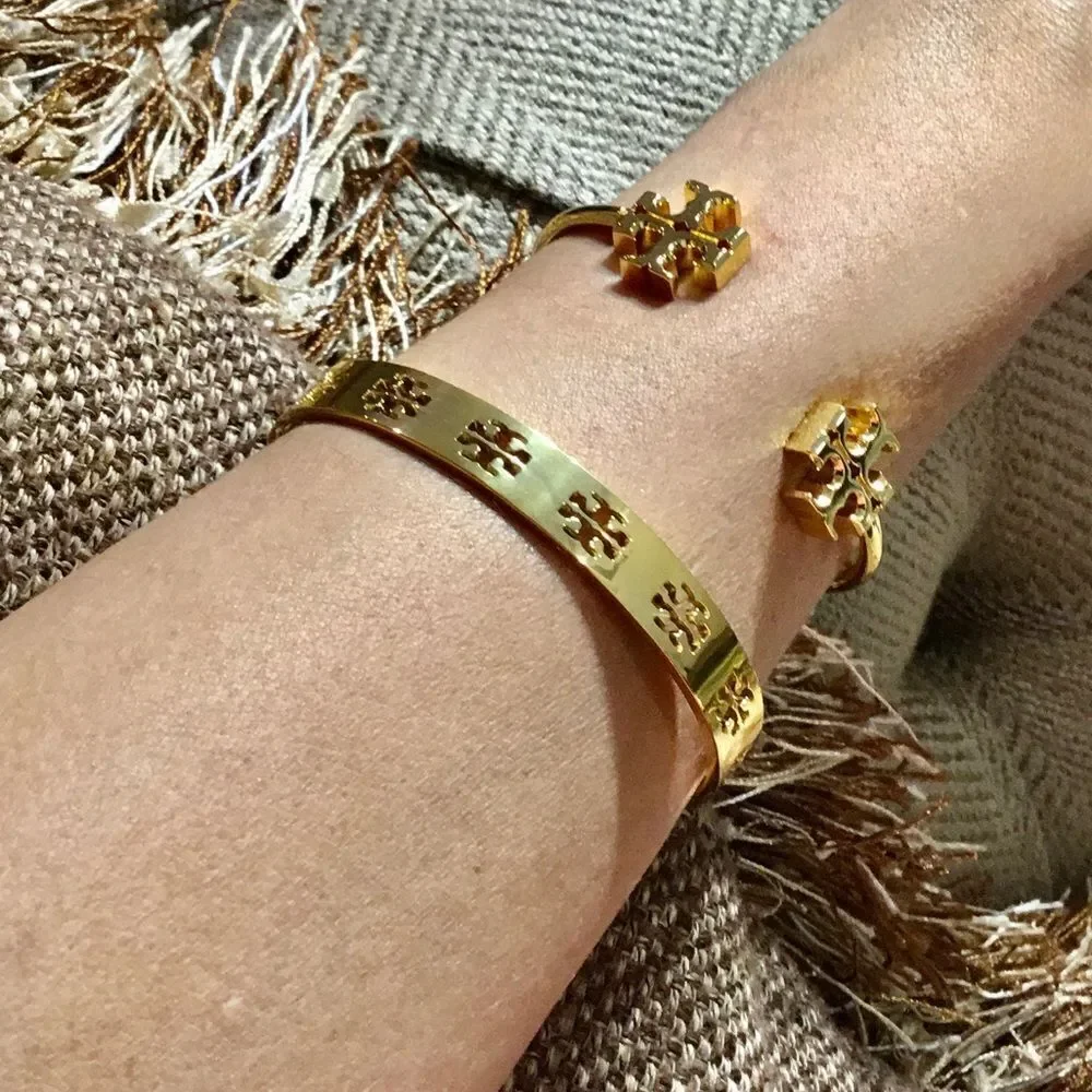 TORY BURCH LOGO DOUBLE T CUFF 18K GOLD TONE BRACELET